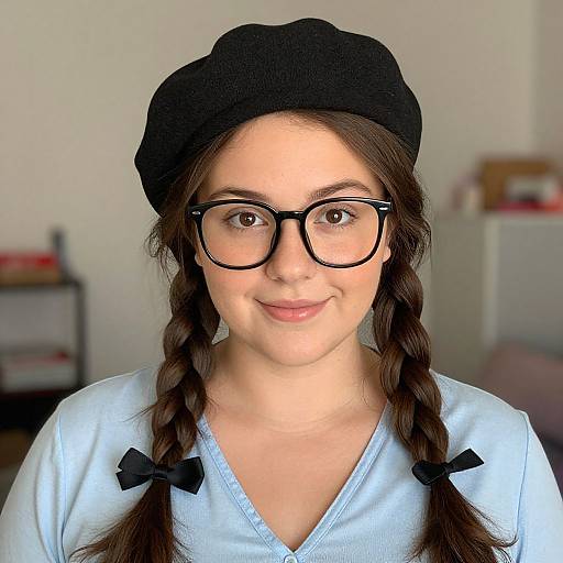 Photograph of a young woman with fair skin, brown eyes, black glasses, black beanie, braided hair with black bows, and light blue