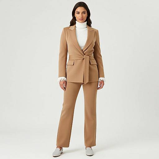 Modern Professional Woman in Camel Pantsuit