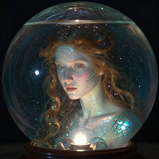 Photograph of a glowing, ethereal, red-haired woman with iridescent skin and intricate tattoos inside a glass snow globe, illuminated by multicol