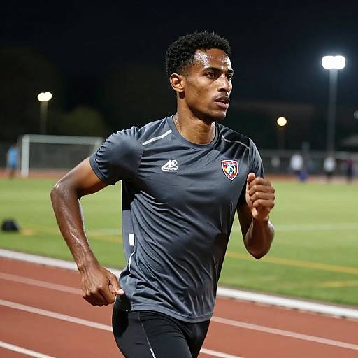 Photograph of a muscular, dark-skinned male sprinter in a dark gray athletic shirt and black pants, running on a track at night, illuminated