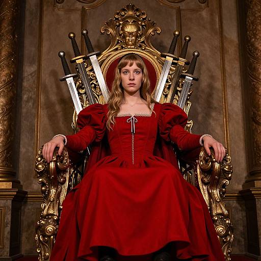 Photograph of a young woman with long blonde hair, wearing a red dress, seated on an ornate, gold throne with three swords behind her,