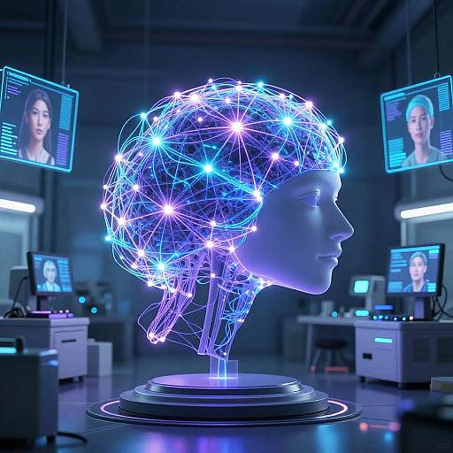 Neon-lit, futuristic sculpture of a female head with glowing blue and purple light network, surrounded by screens displaying the same woman's face in a