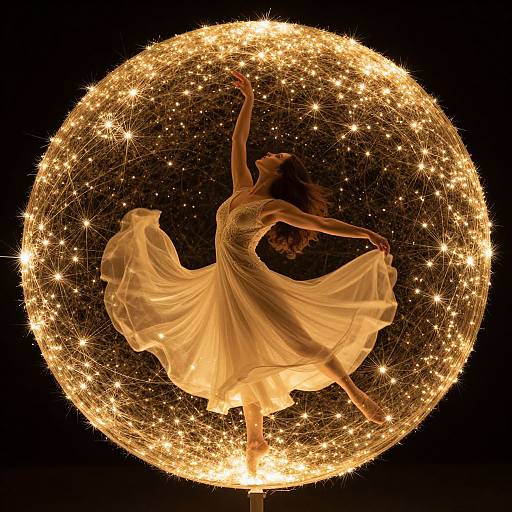 Photograph of a dancing woman in a flowing, glowing white dress, surrounded by a radiant, golden, circular light sphere against a black background.