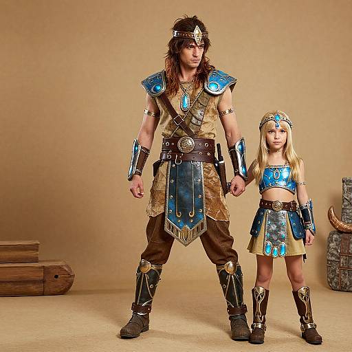 Photograph of a muscular man and young blonde girl in matching blue and gold medieval fantasy armor, standing side by side against a beige background.