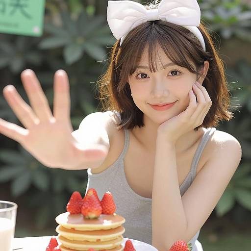 Cheerful Woman with Pancakes and Strawberries