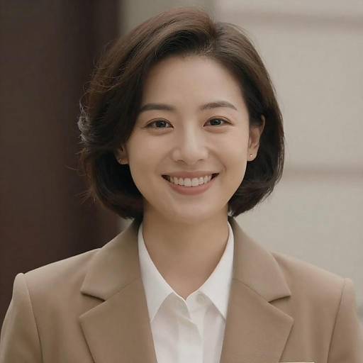 Smiling Woman in Light Brown Blazer