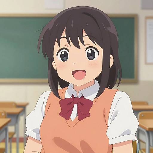 Anime-style drawing of a cheerful young girl with black hair, large eyes, wearing a peach sweater, red bow tie, and white shirt, in a