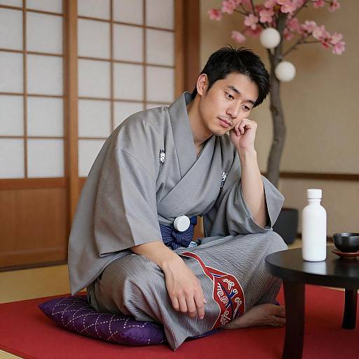 Relaxed Indoors: Asian Man in Kimono