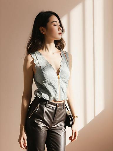 Chic Woman in Navy Lace Top and Black Faux Leather Pants