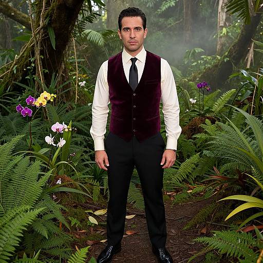 Photograph of a serious-looking man in a white shirt, black pants, and maroon vest standing in a dense, lush jungle with colorful orchids