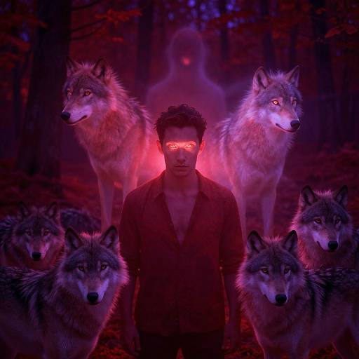 Ethereal Man Among Glowing Wolves