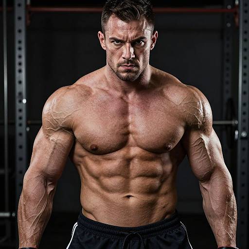 Photograph of a muscular, shirtless man with defined abs and veins, dark hair, intense gaze, wearing black gym shorts, in a dimly