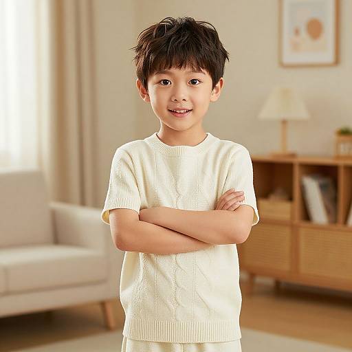 Photograph of a smiling young Asian boy with short black hair, wearing a white knit sweater, standing with arms crossed in a bright, modern living room