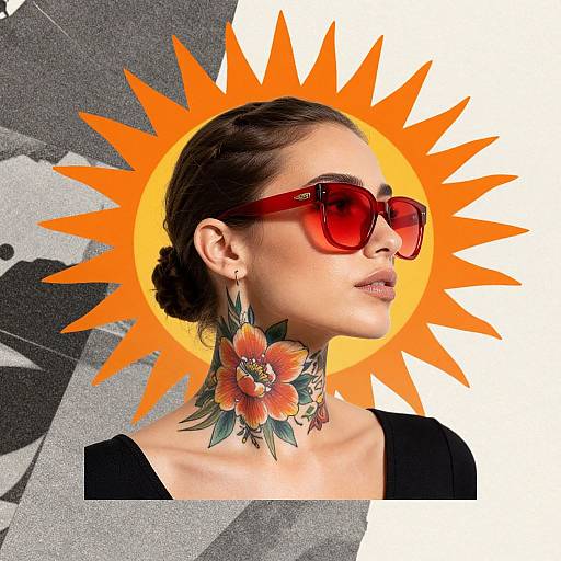 Photograph of a woman with dark hair in a bun, wearing red sunglasses and a large floral choker, against a sunburst background.
