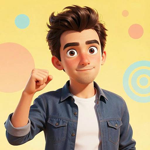 Digital illustration of a cute, young man with dark hair, brown eyes, and a slight smile, wearing a denim shirt, white tee, and raising