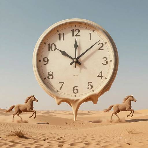 Photograph-like CGI: Giant clock with black hands stands in desert, two white horses gallop around its base under clear blue sky.