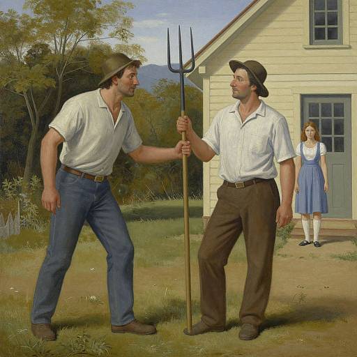 Digital painting of two men in white shirts and brown hats, holding a pitchfork, standing in front of a farmhouse, with a woman in a blue