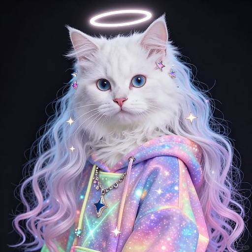 Digital artwork of a white cat with long, wavy, pastel blue and pink hair, wearing a galaxy-patterned hoodie, halo above head,