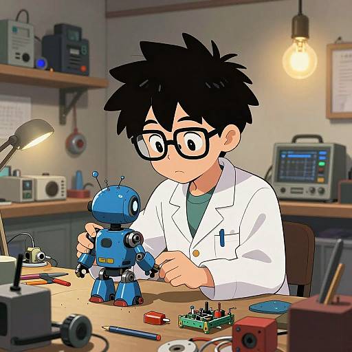 Anime-style drawing of a black-haired boy with glasses, wearing a white lab coat, building a blue robot in a cluttered workshop.