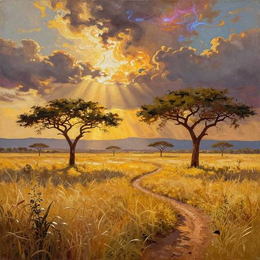 Photograph-like digital painting of a sunlit savanna at sunset, with rays piercing through dramatic clouds, two acacia trees flanking a winding dirt