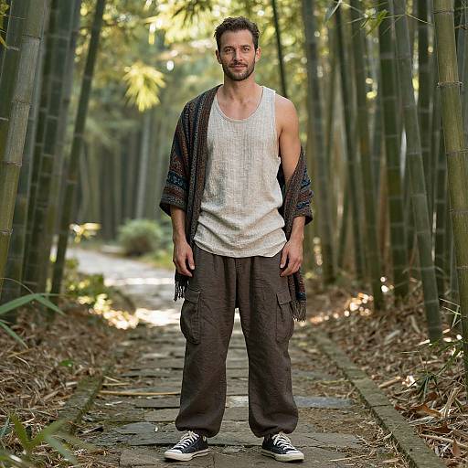 Photograph of a muscular man with short brown hair, beard, wearing a white tank top, dark cargo pants, black shoes, and a patterned