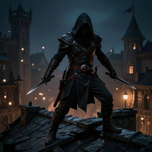 Dark, hooded warrior with dual swords, standing on a rooftop at night, surrounded by medieval buildings with glowing lanterns. Fantasy CGI artwork.
