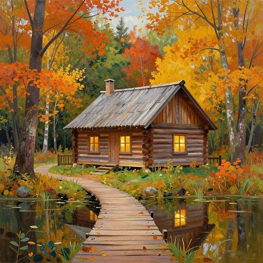 Impressionist Autumn Cabin Scene