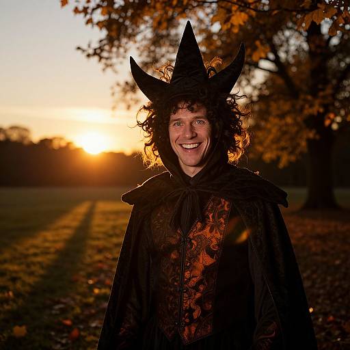 Photograph of a smiling man with curly hair wearing a black witch hat and ornate black cloak, standing in an autumn park at sunset.