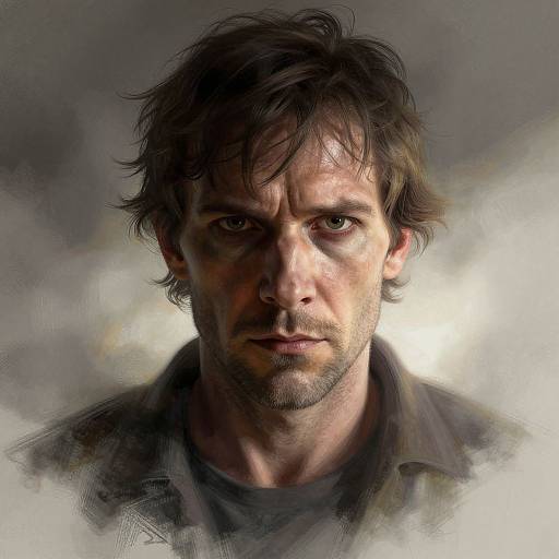 Digital portrait of a rugged, intense-looking man with tousled dark hair, piercing eyes, stubbled face, and worn clothing against a smoky gray
