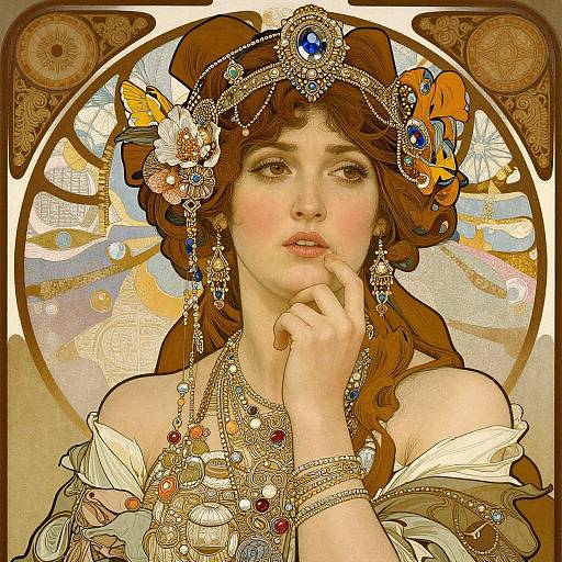 Digital art of a fair-skinned woman with brown hair, adorned in elaborate jewelry and butterfly headpiece, gazing thoughtfully. Art Nouveau style