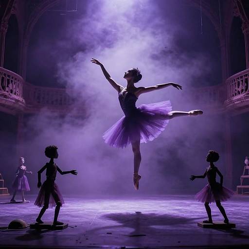 Photograph of a silhouetted ballerina in a tutu, mid-leap, surrounded by smaller dancers in tutus, under dramatic