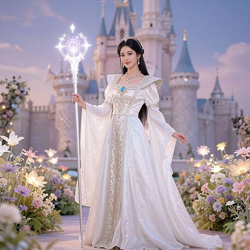 Photograph of a beautiful Asian woman in a shimmering white fairy-tale gown holding a glowing wand, standing in front of a magical castle surrounded by