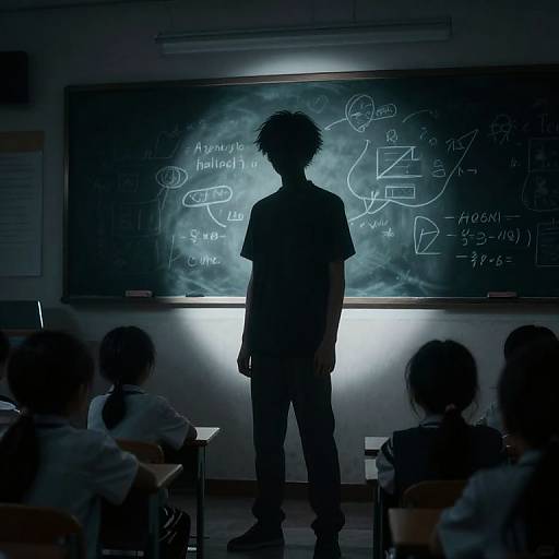 Photograph of a silhouetted teacher with spiky hair standing in front of a chalkboard filled with math equations, illuminated by a spotlight,