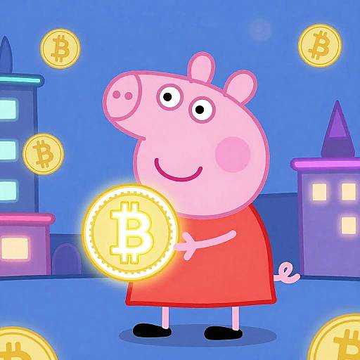 Cartoon pig in red dress holding glowing Bitcoin coin, surrounded by floating Bitcoin coins, against a blue night cityscape.