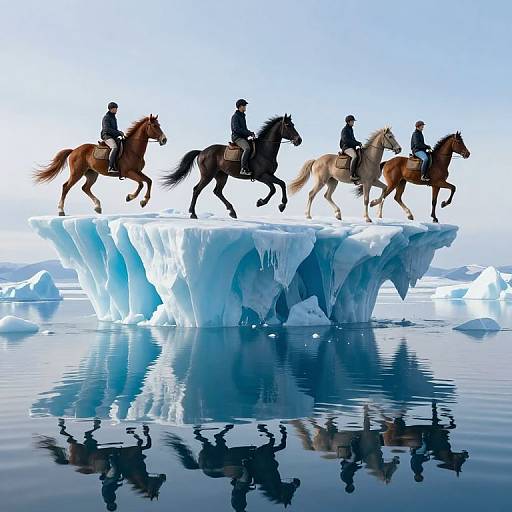 Photograph of five riders on horses standing on an icy iceberg, with reflections in calm, blue water beneath. Bright, clear sky.
