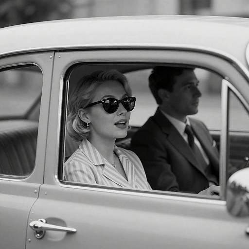 Excited Woman and Man in Vintage Car