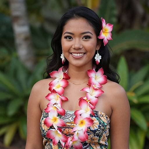 Photograph of a smiling Asian woman with long black hair, wearing a floral strapless dress, adorned with a bright pink flower lei, and white flower