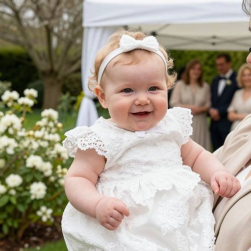 Photograph of smiling baby in white lace dress and headband, held by adult, with blurred adults and white flowers in background.