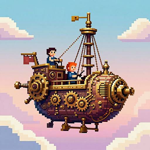 Pixel art of a steampunk airship with two characters, one with black hair, one with red hair, flying through a blue sky with white