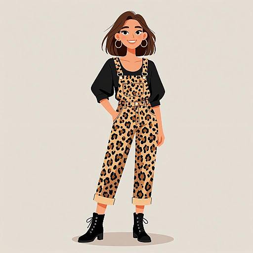 Digital illustration of a smiling woman with brown hair, wearing a black long-sleeve top, leopard-print overalls, black boots, and large hoop