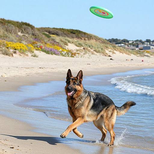 Photograph of a German Shepherd dog joyfully running on a sunny beach, chasing a green frisbee, with sand, waves, and dunes