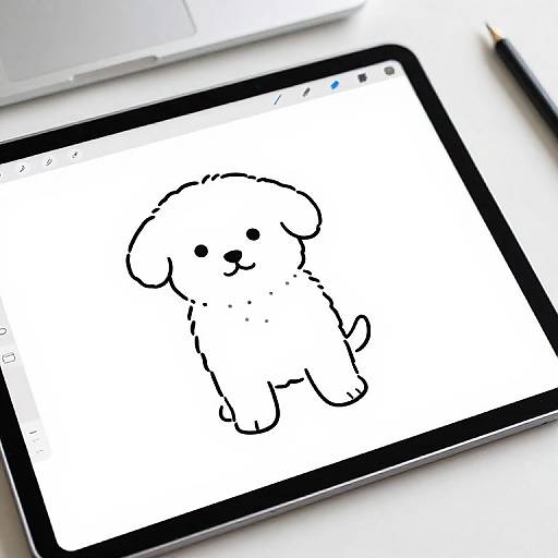 Photograph of a black-outlined digital drawing of a cute dog on a white screen of a tablet, with a laptop and pen in the background.