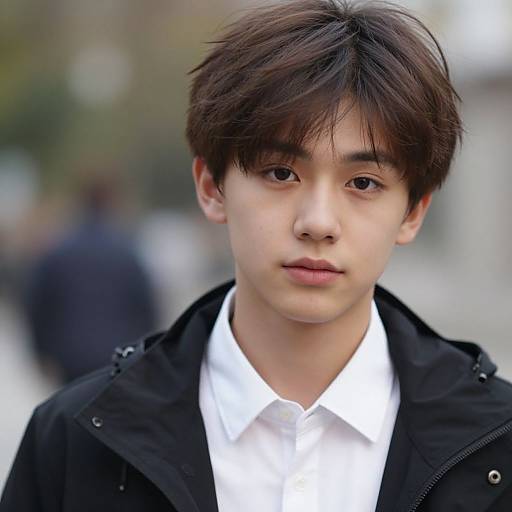 Photograph of a young Asian man with fair skin, dark brown hair, wearing a black jacket over a white shirt, standing outdoors with a blurred,
