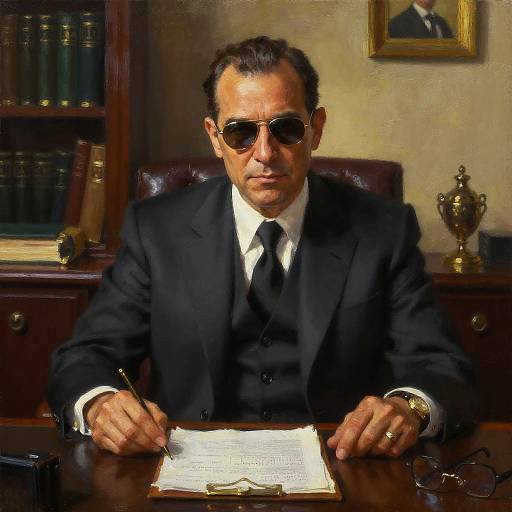 Photograph of an older man in a black suit, white shirt, black tie, and sunglasses, sitting at a desk, writing on a paper,