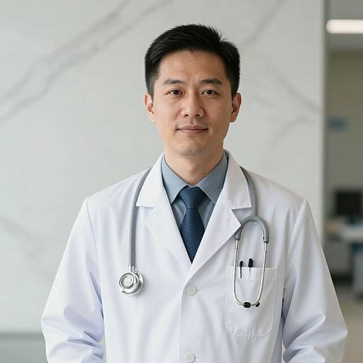 Photograph of an Asian male doctor with short black hair, wearing a white lab coat, blue shirt, and black tie, stethoscope around his