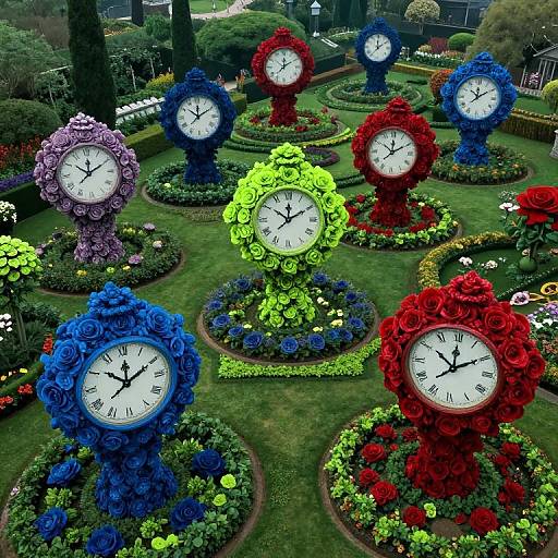 Surreal Garden with Oversized Floral Clocks