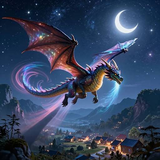 Digital illustration of a vibrant, bioluminescent dragon with red and blue wings soaring under a crescent moon, over a glowing village nestled in a
