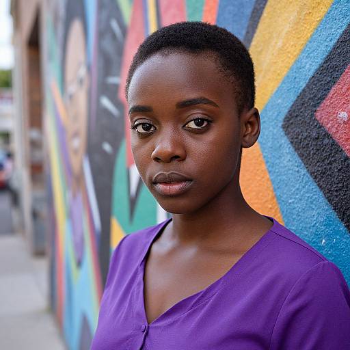 Photograph of a serious, young Black woman with short hair, wearing a purple V-neck shirt, standing against a colorful, graffiti-covered wall.