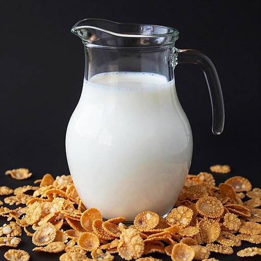Glass Pitcher of Milk on Cornflakes