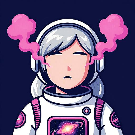 Digital drawing of a white-haired astronaut with pink steam puffs, wearing a white spacesuit with a glowing star emblem, against a dark blue background.